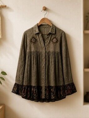 Boho Embroidered Olive Green Button-Front Women's Top